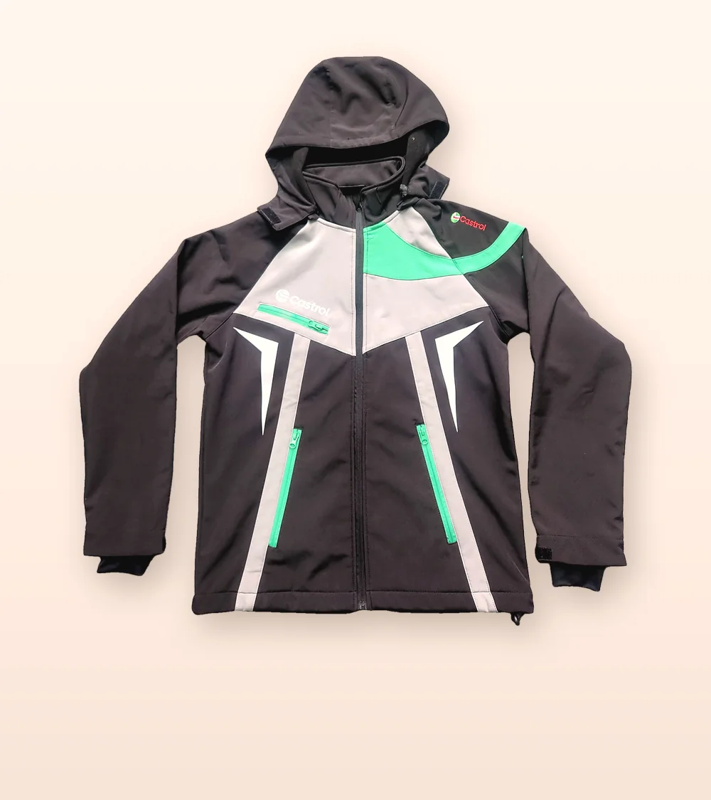Castrol-branded hooded softshell work jacket with reflective and green accents, produced for a client programme